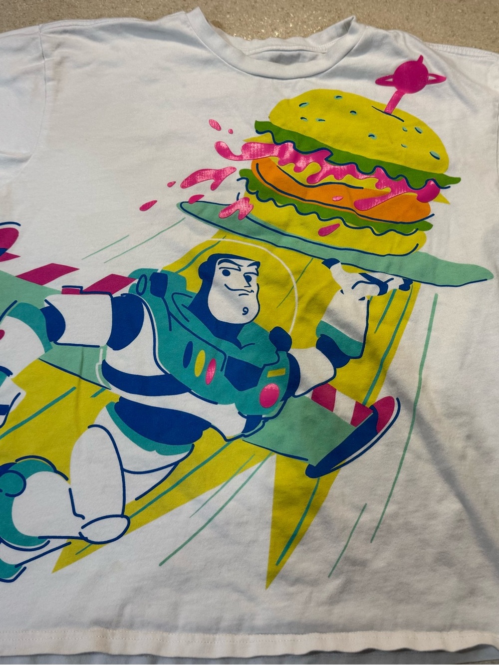 Disney White Short-Sleeve Tee with Neon Buzz Lightyear & Burger Graphic